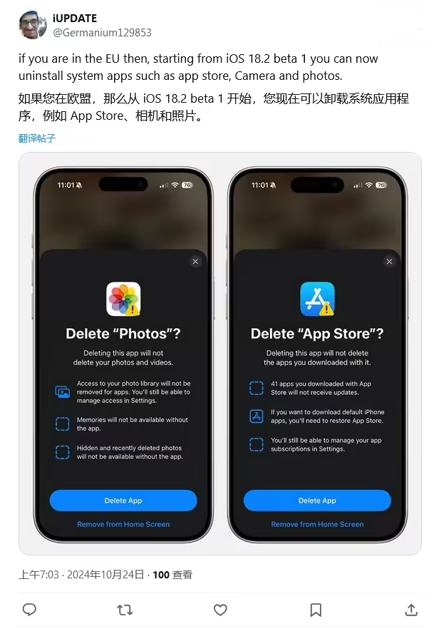 尼木苹果手机维修分享iOS 18.2 支持删除 App Store 应用商店 