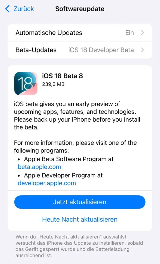 尼木苹果手机维修分享苹果 iOS / iPadOS 18 开发者预览版 Beta 8 发布 